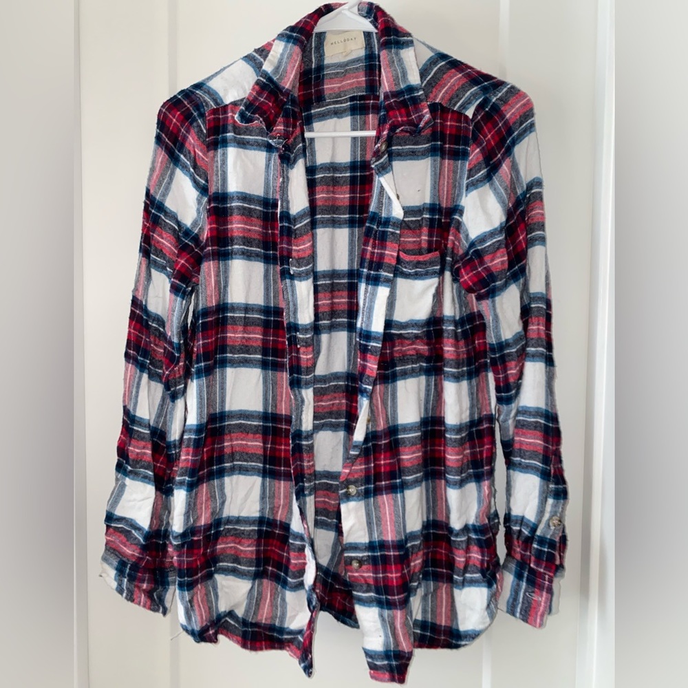 Red White and Blue plaid button down shirt